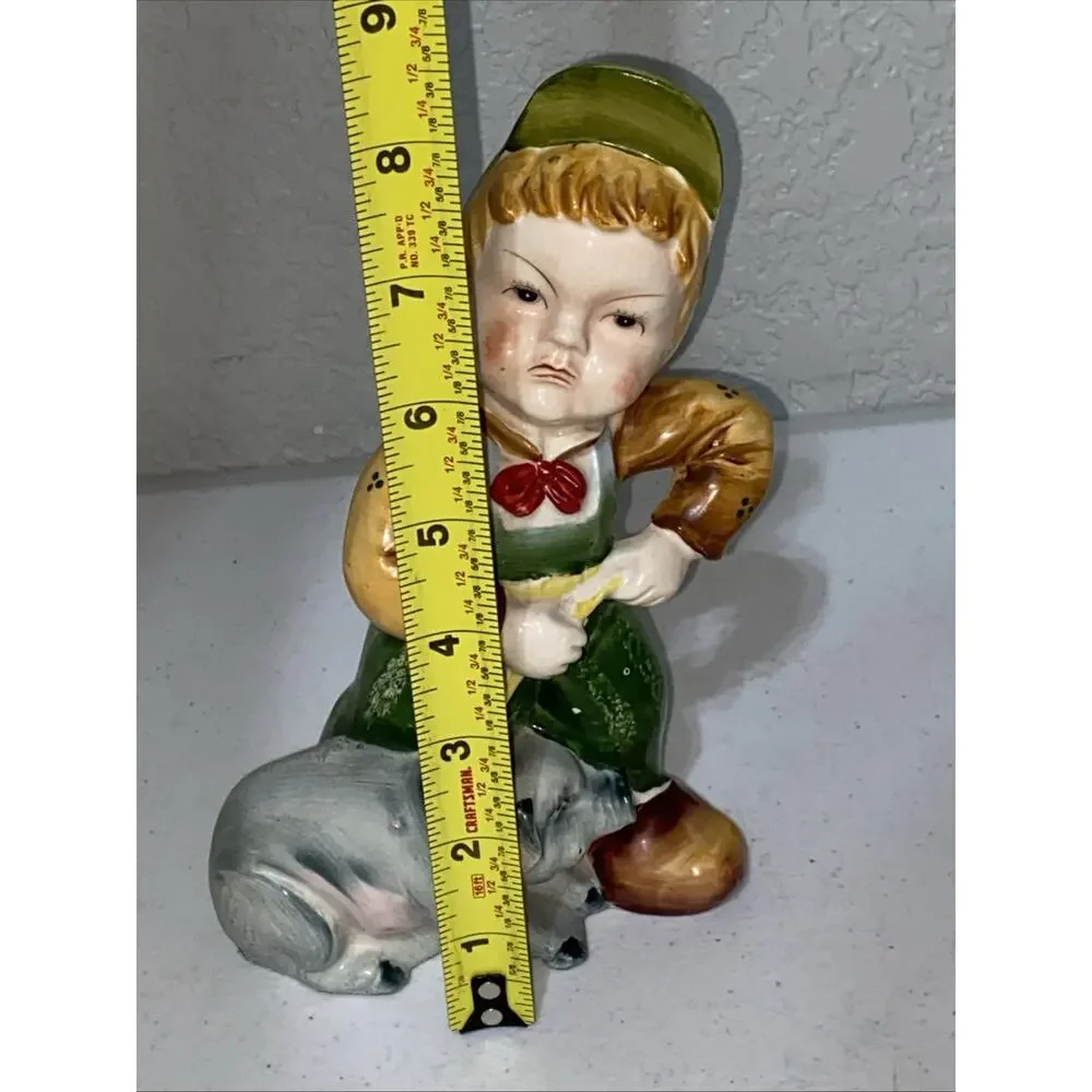 VTG Made In Occupied Japan Porcelain Farmer Boy Pulling Pig Figurine Mid Century